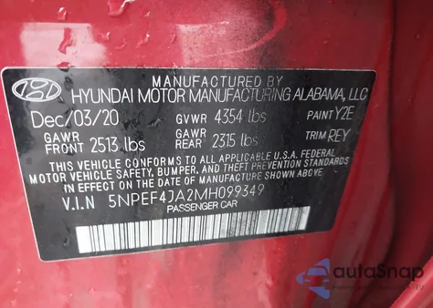 2021 Hyundai Sonata Sel z USA, uszkodzony, nr VIN 5NPEF4JA2MH099349